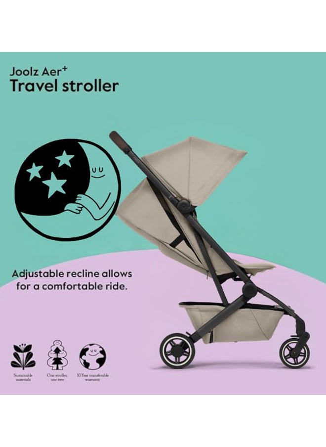AER+ Lightweight & Compact Travel Stroller - Portable One-Hand Fold Design - Ergonomic Seat for Infant & Toddler (up to 22 KG) - XXL Sun Hood - Stroller for Airplane - Travel Pouch - Sandy Taupe