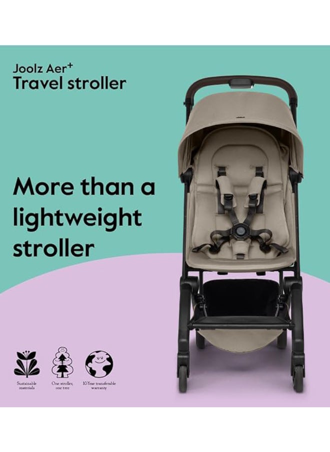 AER+ Lightweight & Compact Travel Stroller - Portable One-Hand Fold Design - Ergonomic Seat for Infant & Toddler (up to 22 KG) - XXL Sun Hood - Stroller for Airplane - Travel Pouch - Sandy Taupe
