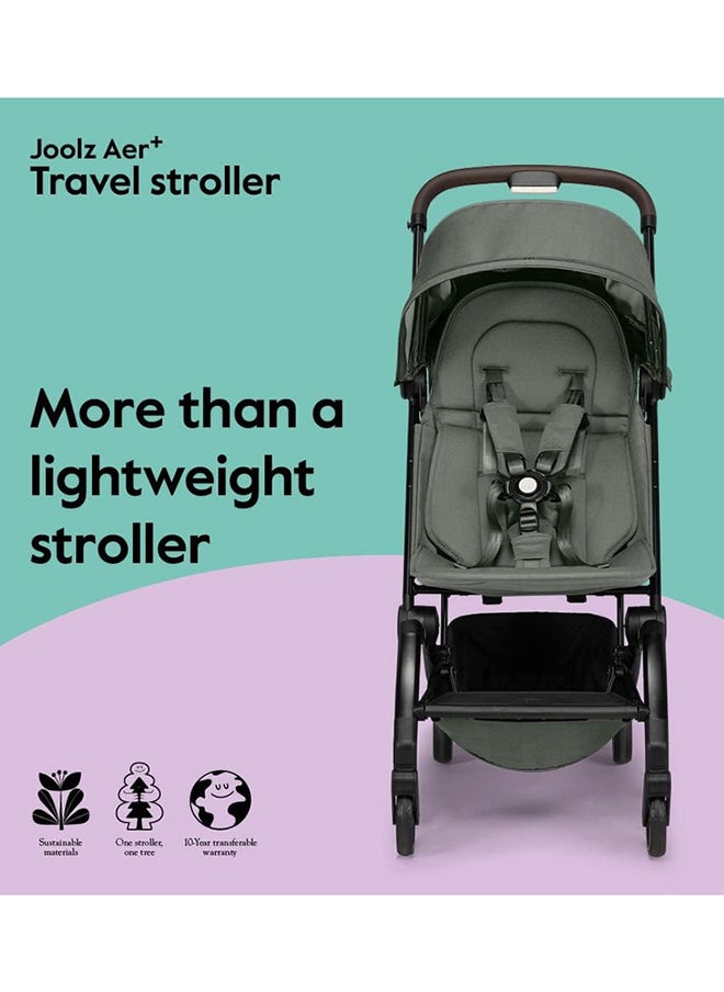 AER+ Lightweight & Compact Travel Stroller - Portable One-Hand Fold Design - Ergonomic Seat for Infant & Toddler (up to 22 KG) - XXL Sun Hood - Stroller for Airplane -Travel Pouch- Sage Green