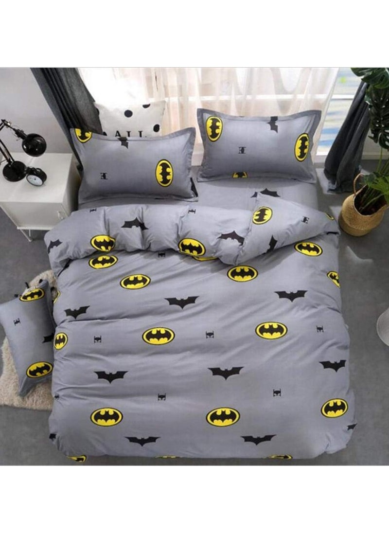 4-Pieces Kids Single Size Bed Sheet Set - Soft Soft Grey Batman-Themed Single Size Bedding Set Include Duvet Cover with 2 Pillowcases and Fitted Sheet for Boys & Girls