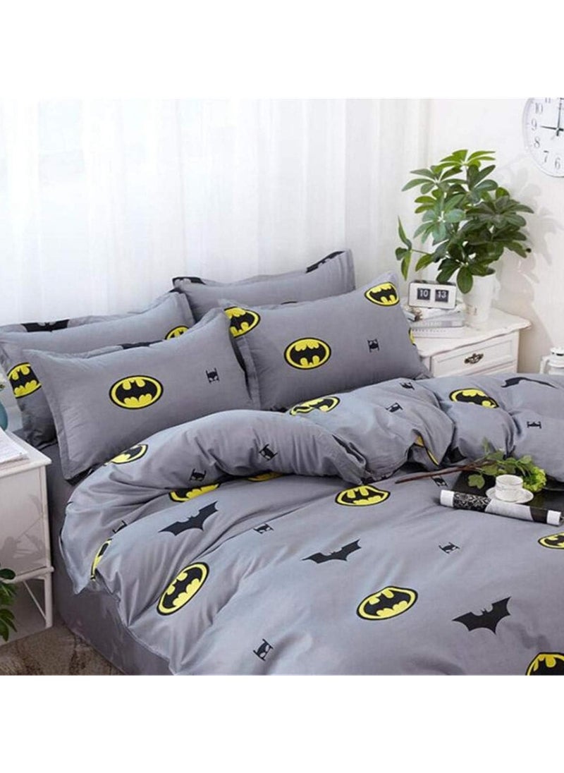 4-Pieces Kids Single Size Bed Sheet Set - Soft Soft Grey Batman-Themed Single Size Bedding Set Include Duvet Cover with 2 Pillowcases and Fitted Sheet for Boys & Girls