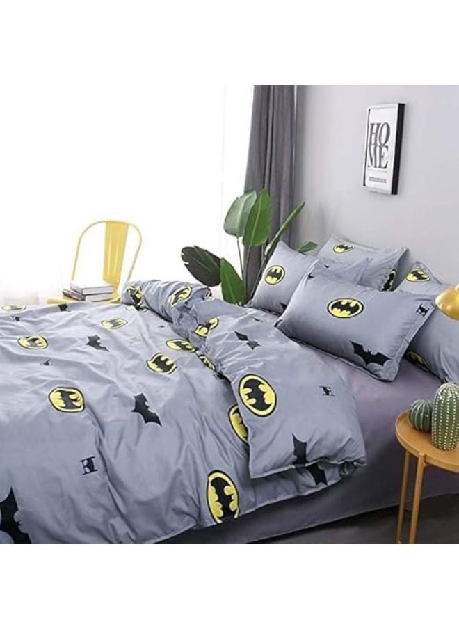 4-Pieces Kids Single Size Bed Sheet Set - Soft Soft Grey Batman-Themed Single Size Bedding Set Include Duvet Cover with 2 Pillowcases and Fitted Sheet for Boys & Girls