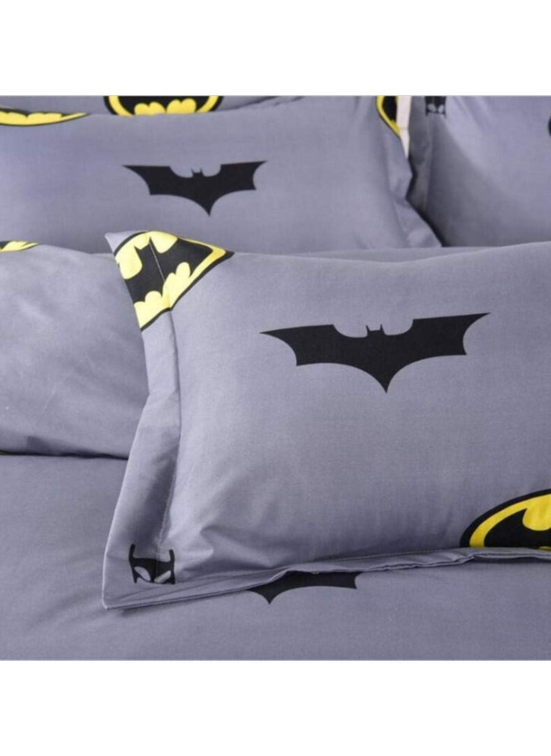 4-Pieces Kids Single Size Bed Sheet Set - Soft Soft Grey Batman-Themed Single Size Bedding Set Include Duvet Cover with 2 Pillowcases and Fitted Sheet for Boys & Girls