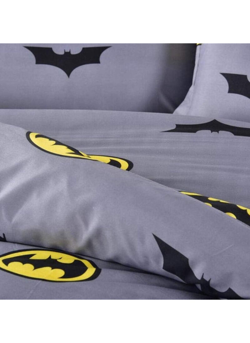 4-Pieces Kids Single Size Bed Sheet Set - Soft Soft Grey Batman-Themed Single Size Bedding Set Include Duvet Cover with 2 Pillowcases and Fitted Sheet for Boys & Girls