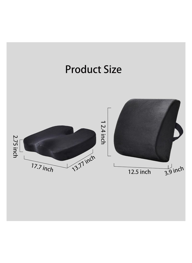 Ergonomic Seat Cushion + Lumbar Support Pillow Set, 100% Memory Foam Office Chair Cushion & Back Support for Pain Relief, Ideal for Car Seat, Desk Chair, Gaming Chair, Back Pillow for Comfort, Black