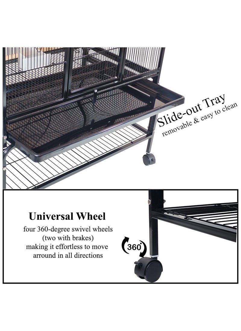 Large metal bird cage with Swing hammock, Natural wooden perch, Wide platforms, and Stairs, Parrot cage with Rolling stand, Pull-out tray, and Large front doors, Small to Medium birds 180 cm (Black)