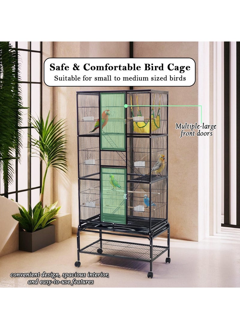 Large metal bird cage with Swing hammock, Natural wooden perch, Wide platforms, and Stairs, Parrot cage with Rolling stand, Pull-out tray, and Large front doors, Small to Medium birds 180 cm (Black)