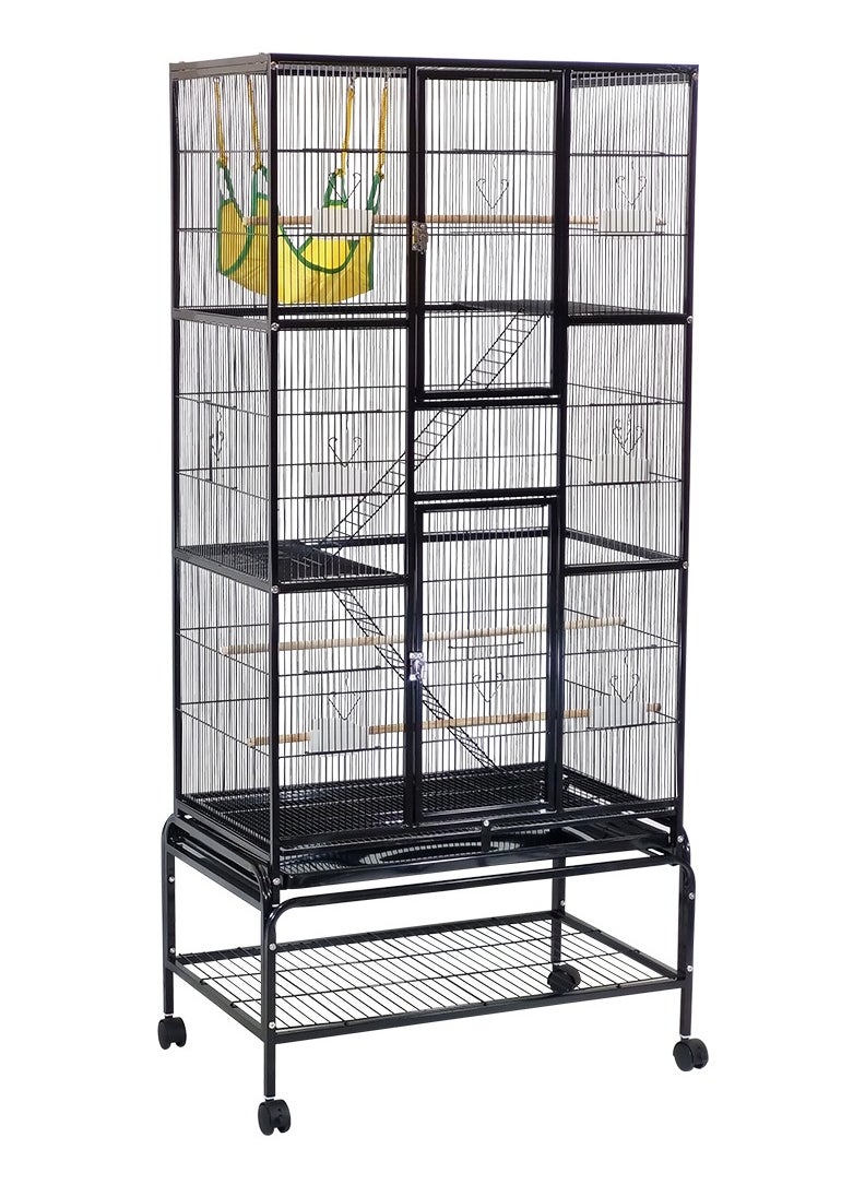 Large metal bird cage with Swing hammock, Natural wooden perch, Wide platforms, and Stairs, Parrot cage with Rolling stand, Pull-out tray, and Large front doors, Small to Medium birds 180 cm (Black)