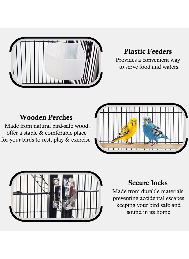 Large metal bird cage with Swing hammock, Natural wooden perch, Wide platforms, and Stairs, Parrot cage with Rolling stand, Pull-out tray, and Large front doors, Small to Medium birds 180 cm (Black)