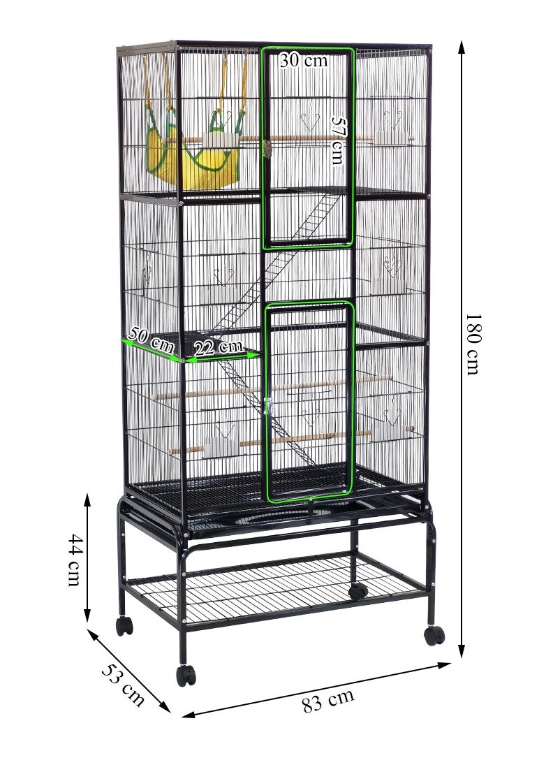 Large metal bird cage with Swing hammock, Natural wooden perch, Wide platforms, and Stairs, Parrot cage with Rolling stand, Pull-out tray, and Large front doors, Small to Medium birds 180 cm (Black)