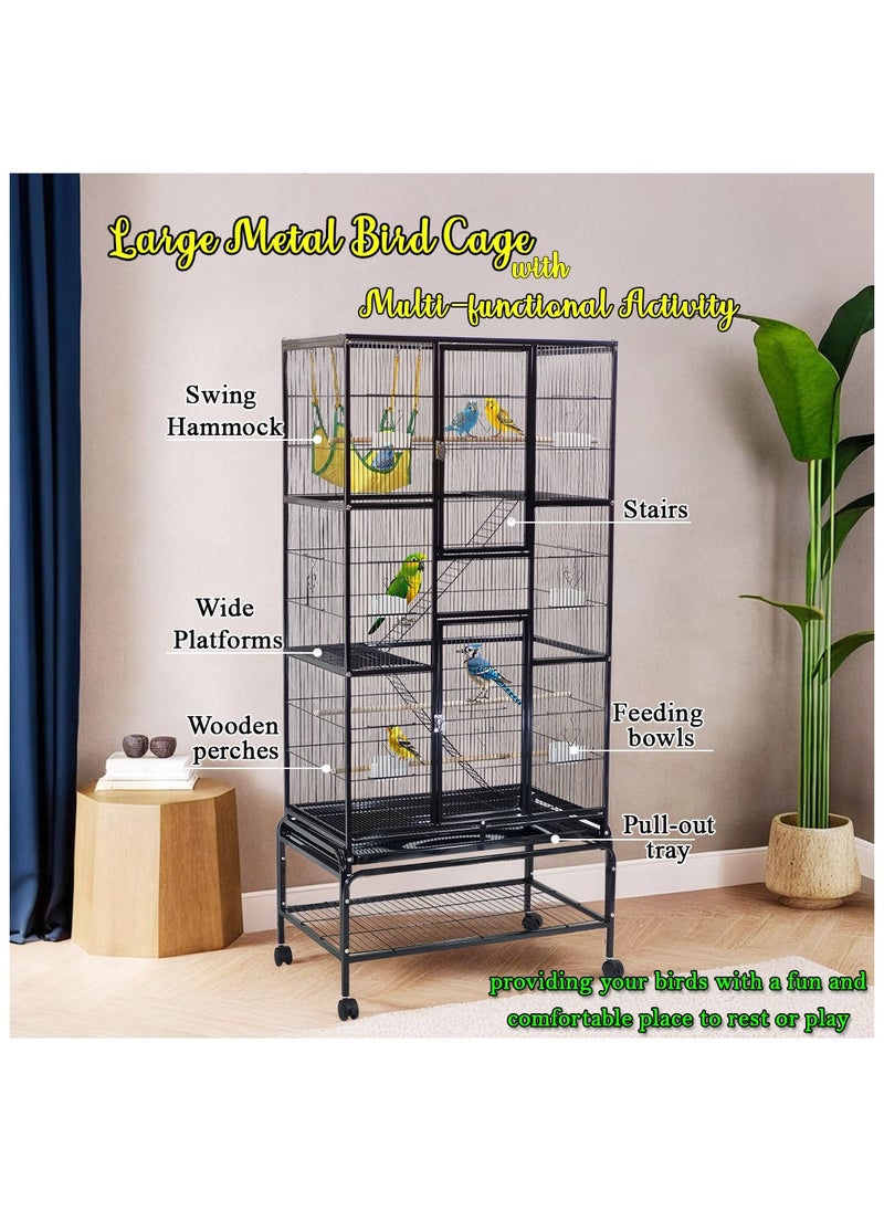 Large metal bird cage with Swing hammock, Natural wooden perch, Wide platforms, and Stairs, Parrot cage with Rolling stand, Pull-out tray, and Large front doors, Small to Medium birds 180 cm (Black)