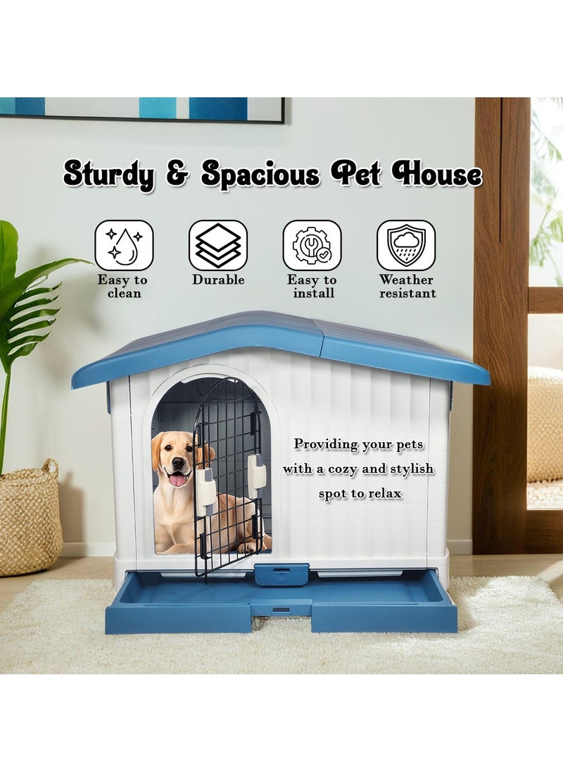 Plastic pet house with a Ventilated adjustable roof, Pull-out tray, and Side airflow bar, Pet shelter for All-sized dogs, Indoor & Outdoor use 88 cm (Blue)