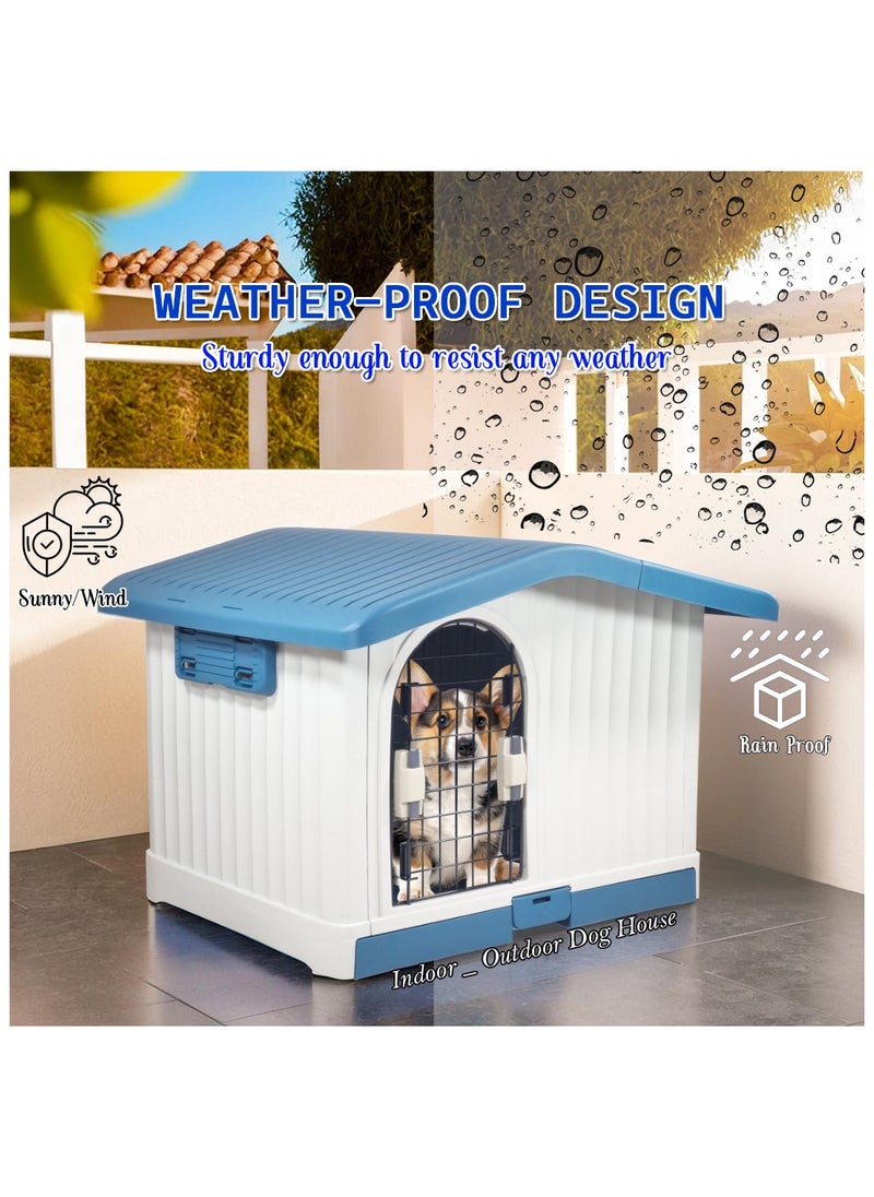 Plastic pet house with a Ventilated adjustable roof, Pull-out tray, and Side airflow bar, Pet shelter for All-sized dogs, Indoor & Outdoor use 88 cm (Blue)