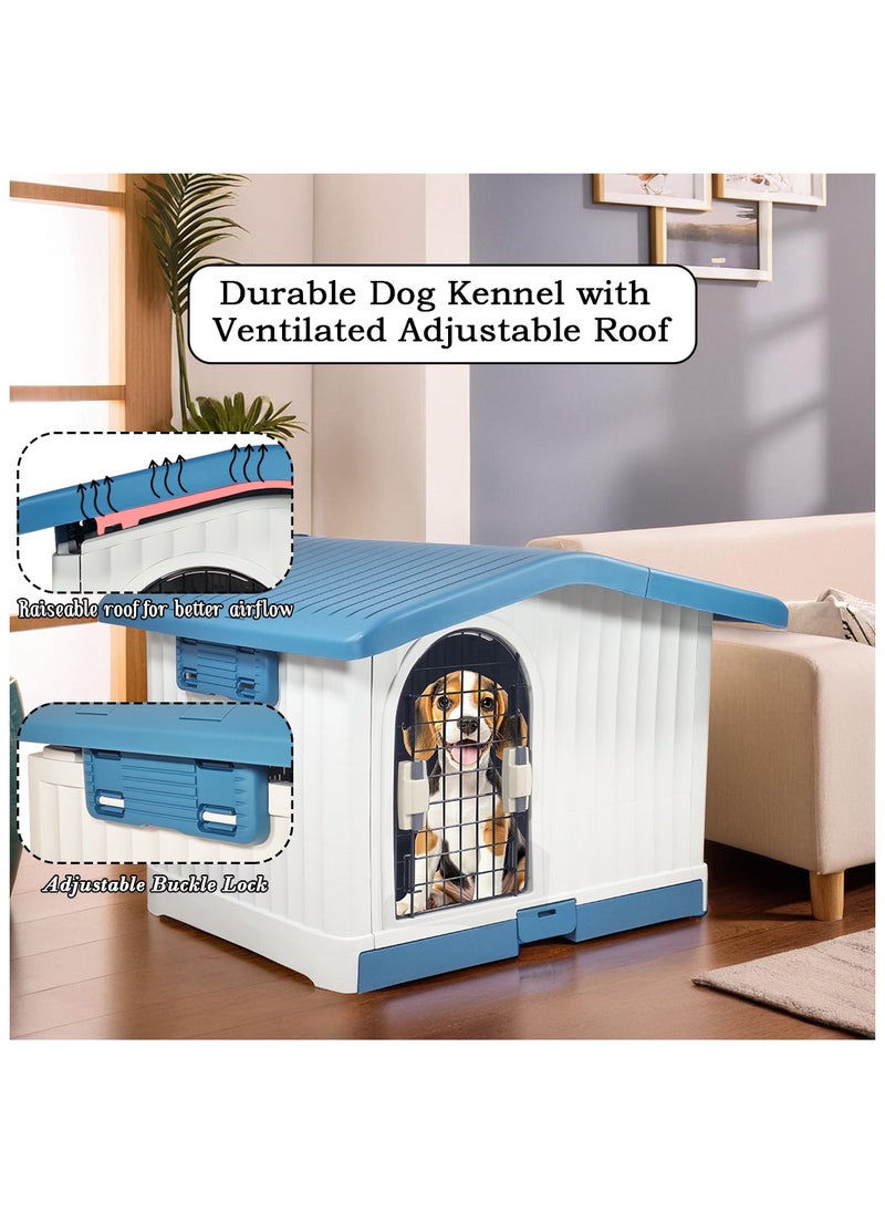 Plastic pet house with a Ventilated adjustable roof, Pull-out tray, and Side airflow bar, Pet shelter for All-sized dogs, Indoor & Outdoor use 88 cm (Blue)