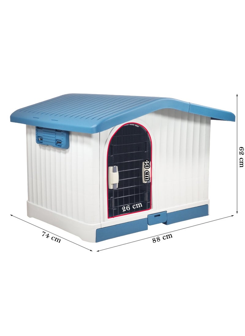 Plastic pet house with a Ventilated adjustable roof, Pull-out tray, and Side airflow bar, Pet shelter for All-sized dogs, Indoor & Outdoor use 88 cm (Blue)