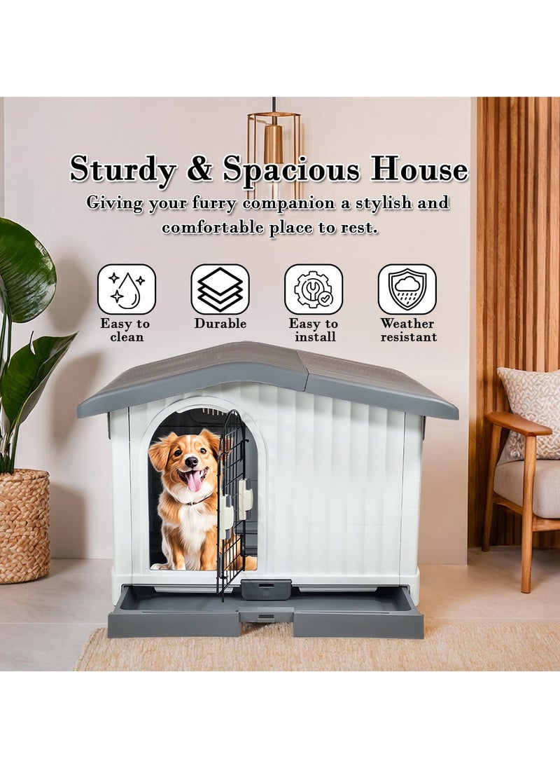 Dog house with Liftable roof, Detachable base, and Adjustable window, Durable waterproof plastic puppy shelter for indoor and outdoor, Easy to assemble 88 cm (Grey)