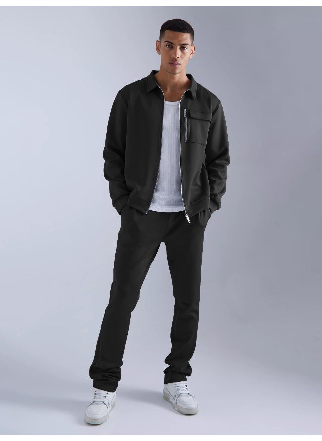 Mens Solid Black Collared Neck Jacket and Jogger Cotton Loopknit Fleece Co-Ords
