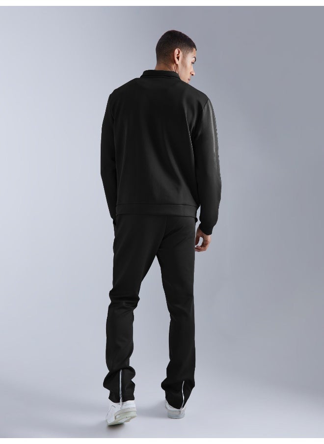 Mens Solid Black Collared Neck Jacket and Jogger Cotton Loopknit Fleece Co-Ords