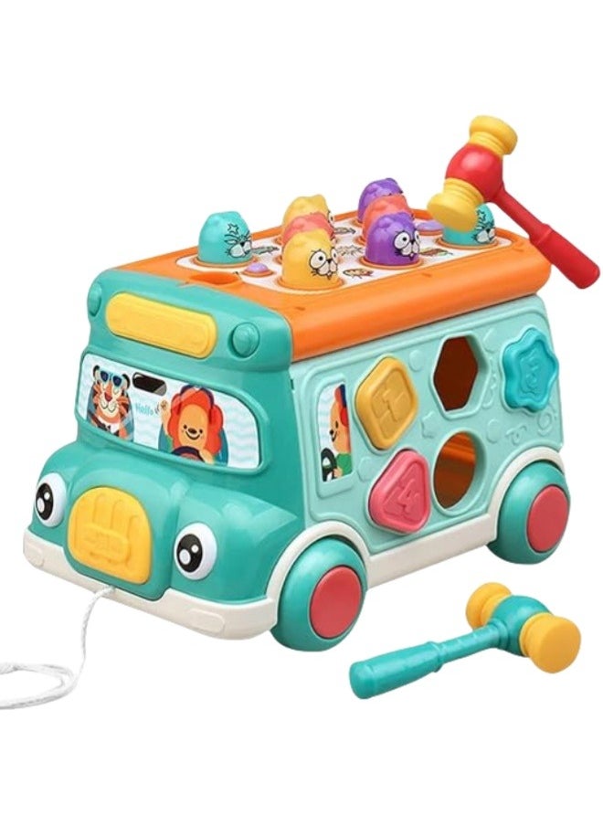 Push Pull Bus Toy, Baby Musical Learning Toys with Sound & Light, Whack-a-Mole Game, Shape Matching, Gear, Toy Clock, Activity Bus Toy Early Education Gift for Toddler Boys Girls