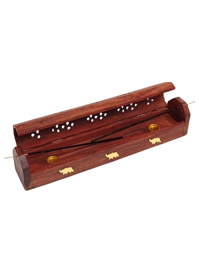 Handmade Wooden Brown Incense Stick Holder Burner Storage Box - Ash Catcher with Brass Inlay -Home Utilities & Accessories -Meditation -Great Gift for Any Occasion