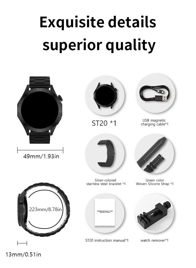 Korean Brand Smart Watch ST20，Business Smartwatch, Waterproof Fitness Watch, Bluetooth Calling, Compatible with Android and iOS,Smartwatch For Men, Zinc Alloy Vacuum Plating, Heart Rate Monitoring，Black