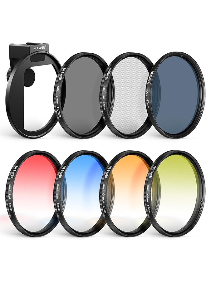 NEEWER Clip On 67mm Phone ND Filter Kit, Upgraded Lens Clip Cold Shoe Mount/Locking Knob, CPL/ND32/6 Point Star/4 Graduated Color Filter Compatible with iPhone 16 15 Pro Max Plus 14 13 Samsung S23 S24