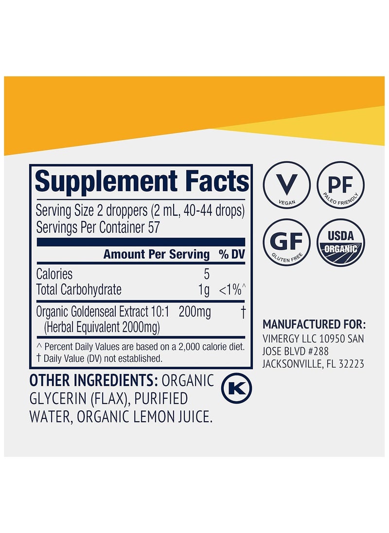 Vimergy USDA Organic Goldenseal Extract, 57 Servings Alcohol-Free Goldenseal Tincture - Gluten-Free, Non-GMO, Kosher, Corn-Free, Soy-Free, Vegan & Paleo (115 ml)