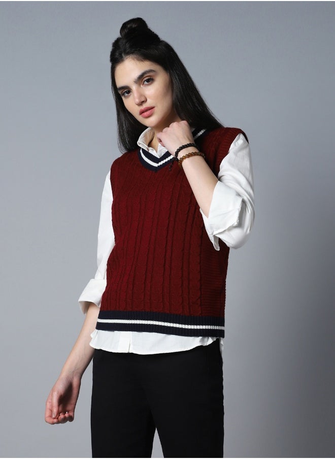 Women's Maroon 100% Acrylic Regular Fit Sweater