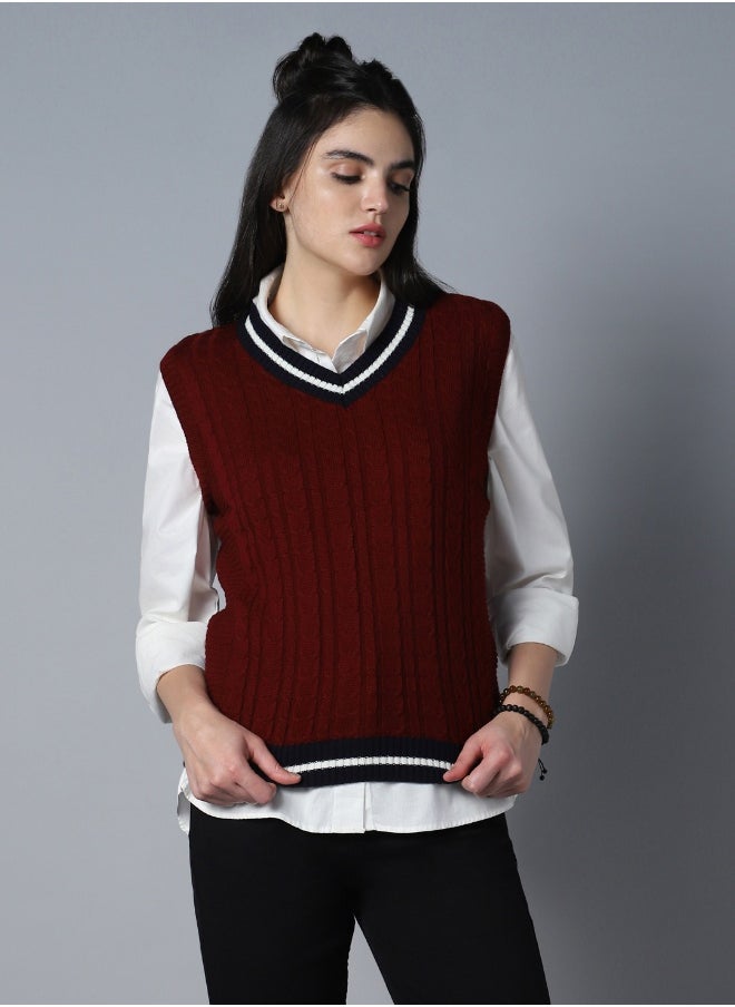 Women's Maroon 100% Acrylic Regular Fit Sweater