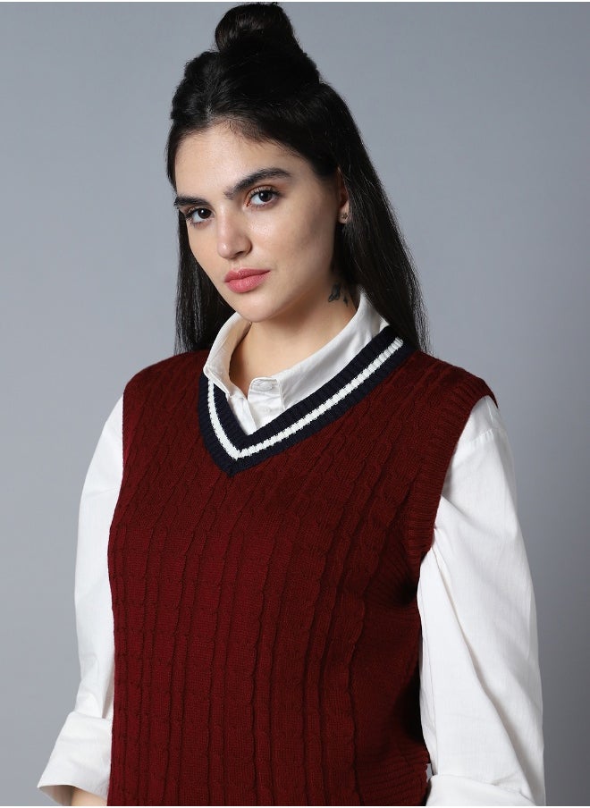 Women's Maroon 100% Acrylic Regular Fit Sweater