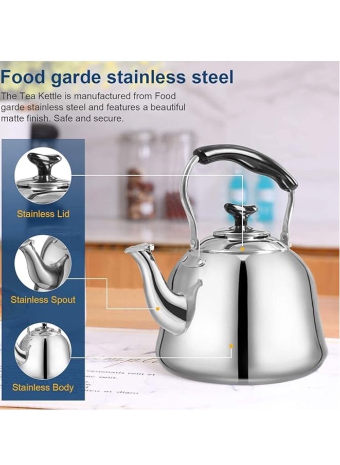 1 Piece Rustproof Premium Stainless Steel Whistling Teapot with Infuser Mirror Finish Coffee Kettle Easy Pour Spout Tea Kettle with Lid and Heat Resistive Ergonomic Handle Induction Compatible Stovetop Safe Teapot 4L