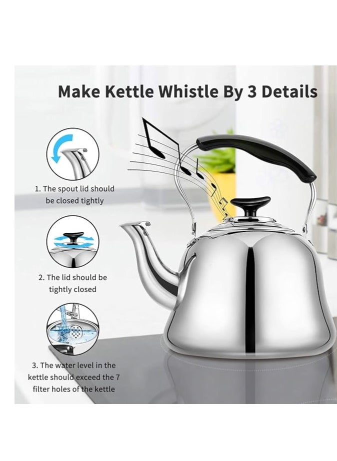 1 Piece Rustproof Premium Stainless Steel Whistling Teapot with Infuser Mirror Finish Coffee Kettle Easy Pour Spout Tea Kettle with Lid and Heat Resistive Ergonomic Handle Induction Compatible Stovetop Safe Teapot 2L