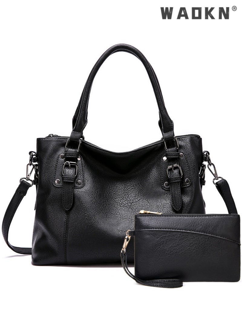 Large Capacity Handbags Bags,Large Crossbody Bags Ladies Shoulder Handbags Purse Set for Women Hobo Totes PU Leather Purses and Handbags Shoulder Bag Vegan Leather Tote, Black