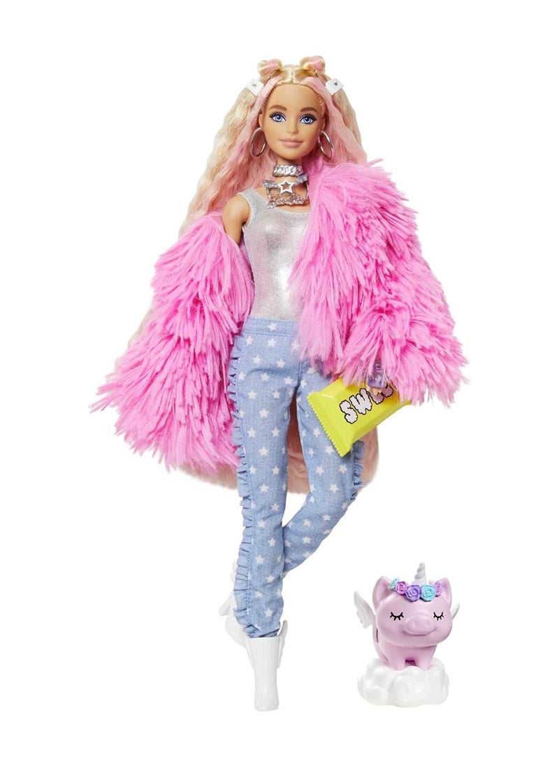 Barbie Extra Doll #3 in Pink Fluffy Coat with Pet Unicorn, Extra-Long Crimped Hair