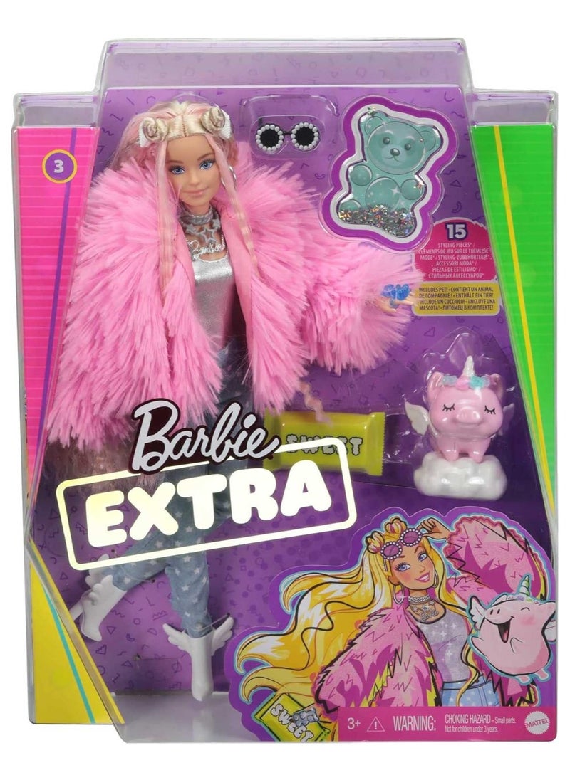 Barbie Extra Doll #3 in Pink Fluffy Coat with Pet Unicorn, Extra-Long Crimped Hair