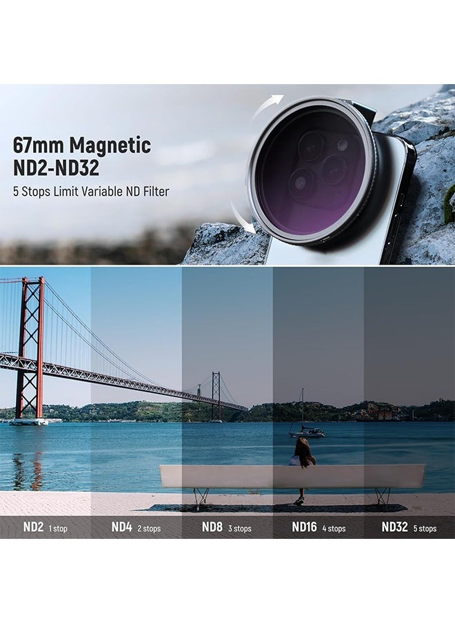 NEEWER 67mm Clip On Variable ND2-ND32 Phone Lens Filter Kit, Phone Clip with Magnetic Adapter Ring/Cold Shoe/Locking Knob, HD Magnetic ND Filter for iPhone 15 Pro Max 14 13 Galaxy S22 S23 S24 Ultra