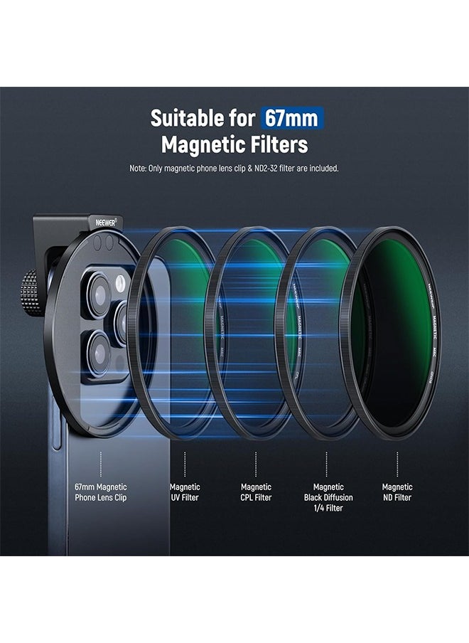 NEEWER 67mm Clip On Variable ND2-ND32 Phone Lens Filter Kit, Phone Clip with Magnetic Adapter Ring/Cold Shoe/Locking Knob, HD Magnetic ND Filter for iPhone 15 Pro Max 14 13 Galaxy S22 S23 S24 Ultra