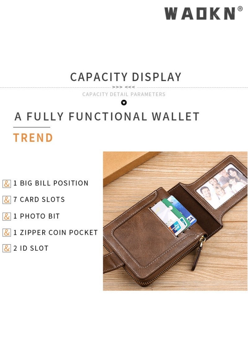 Men's European and American Style Fashion PU Leather Wallet, Retro Multi-functional Short Zipper Buckle Card Holder Coin Purse for College Students and Teenagers