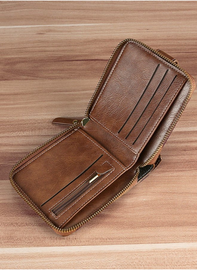 Men's European and American Style Fashion PU Leather Wallet, Retro Multi-functional Short Zipper Buckle Card Holder Coin Purse for College Students and Teenagers
