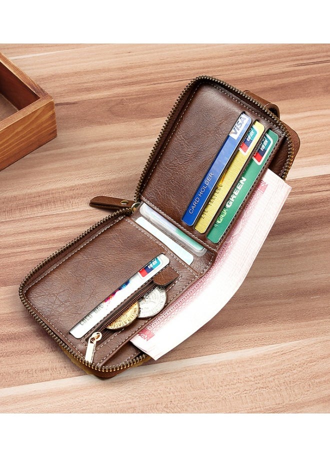 Men's European and American Style Fashion PU Leather Wallet, Retro Multi-functional Short Zipper Buckle Card Holder Coin Purse for College Students and Teenagers