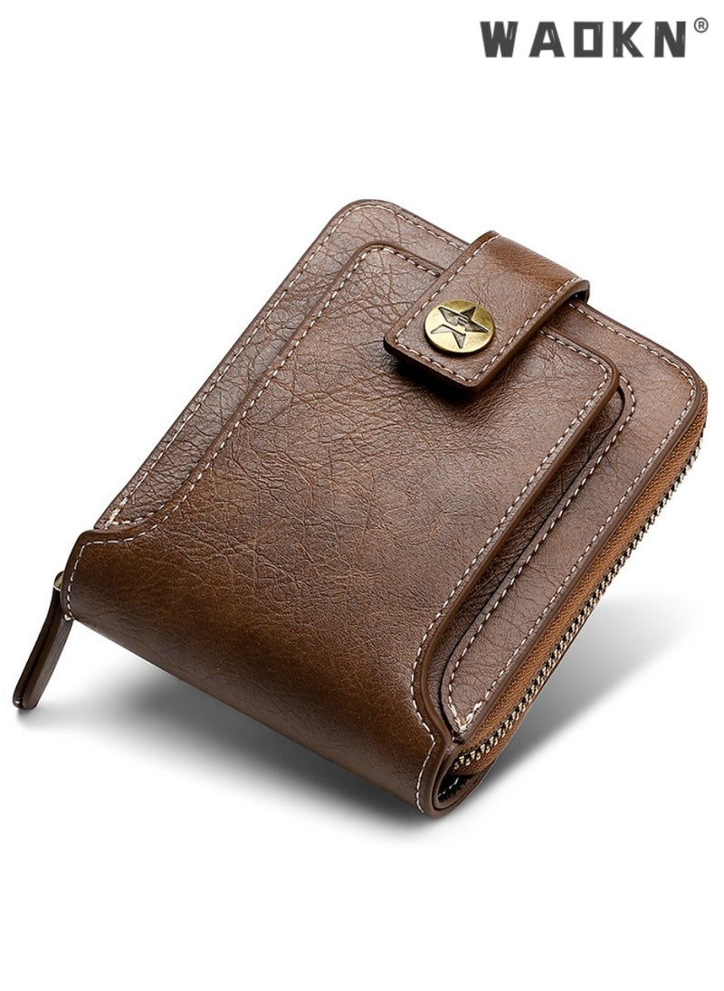 Men's European and American Style Fashion PU Leather Wallet, Retro Multi-functional Short Zipper Buckle Card Holder Coin Purse for College Students and Teenagers