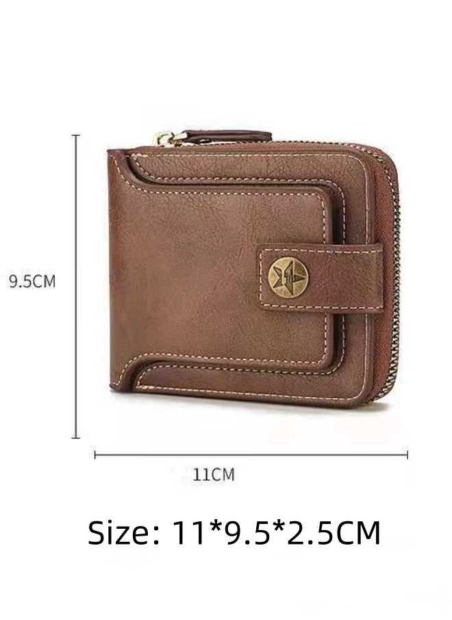 Men's European and American Style Fashion PU Leather Wallet, Retro Multi-functional Short Zipper Buckle Card Holder Coin Purse for College Students and Teenagers