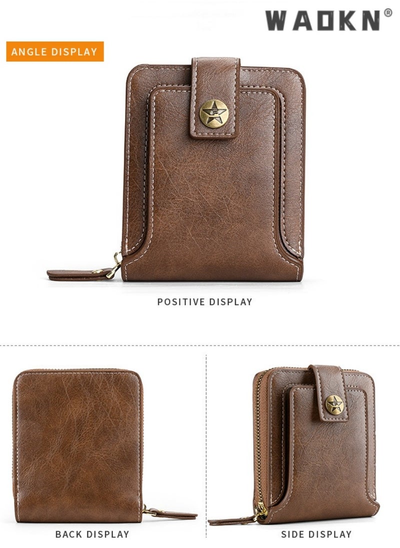 Men's European and American Style Fashion PU Leather Wallet, Retro Multi-functional Short Zipper Buckle Card Holder Coin Purse for College Students and Teenagers