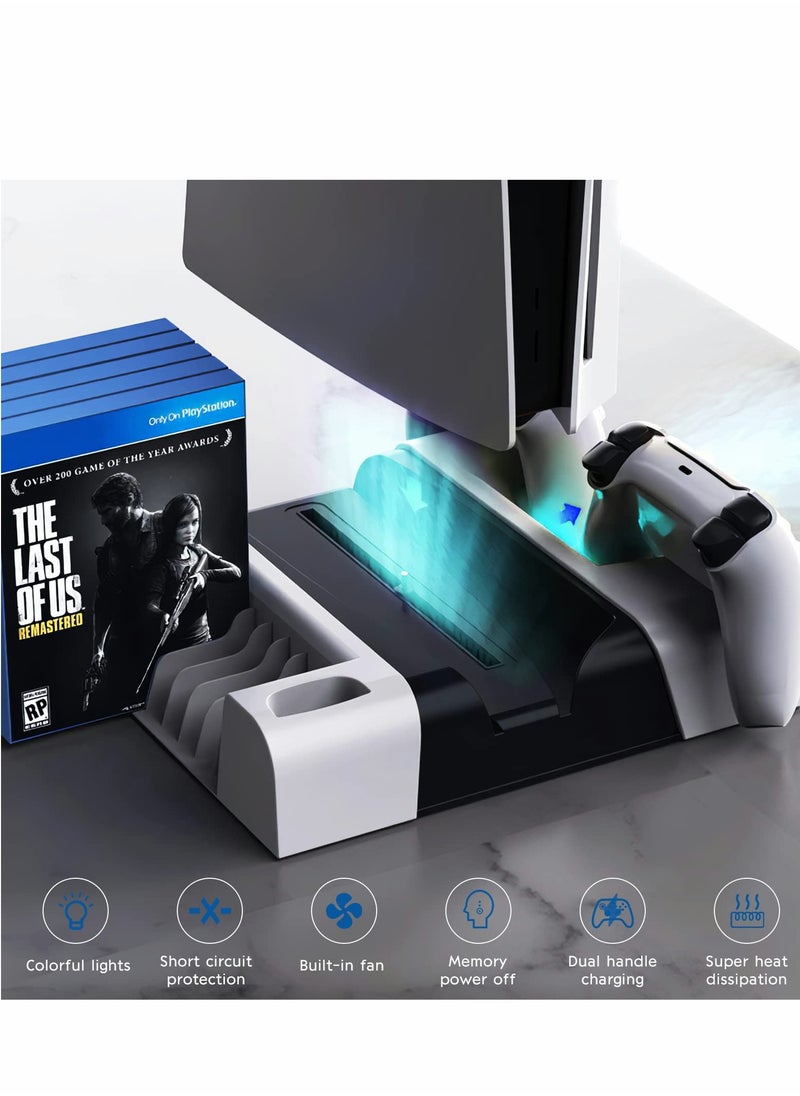 PS5 Cooling Station,Cooling Stand with Suction Cooling Fan and Dual Controller Charger Station for Playstation 5 PS5 Console, with Charging Dock Station and 11 Games Storage- 2 IN1 Cable