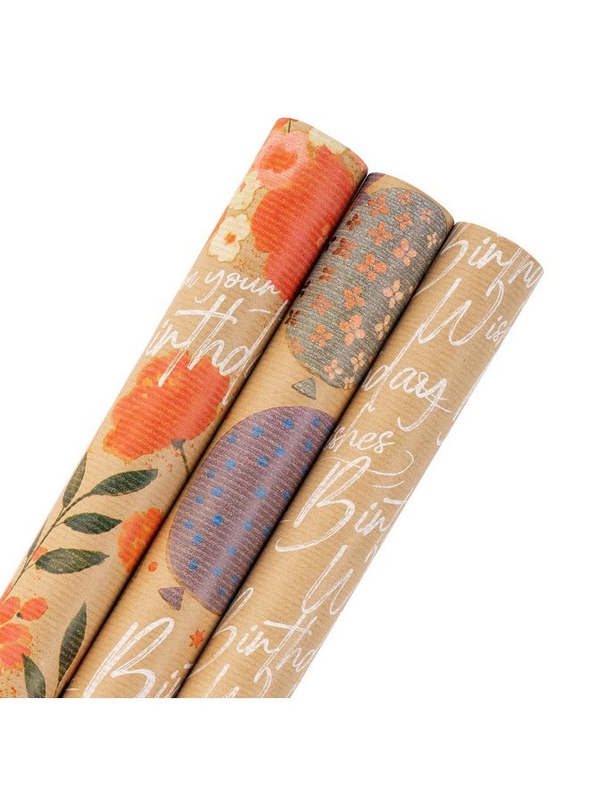 Wrapping Paper Rolls - Mini Roll - 17 Inches X 10 Feet Per Roll, Total Of 3 Rolls, Balloon, Flower And Birthday Greeting