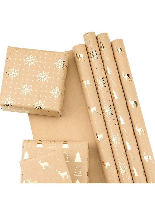 Wrapping Paper Sheets Kraft Paper - Christmas Tree And Reindeer Design Gold Foil - 17.5 X 30 Inches Each Sheet, Total Of 6 Sheets Packed In 1 Roll