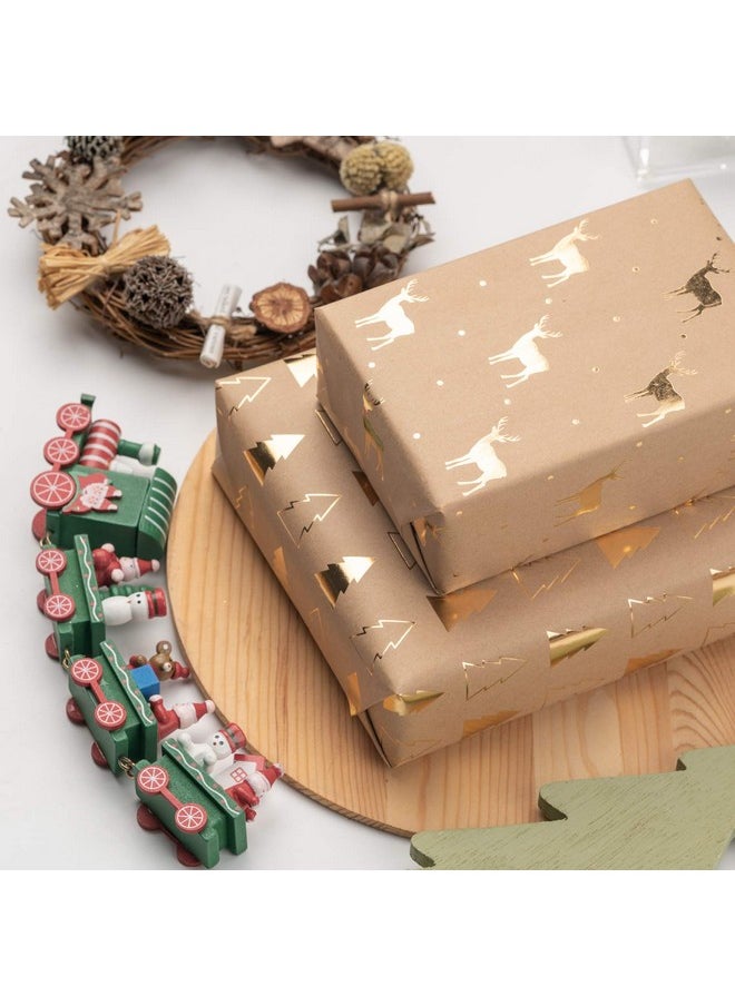 Wrapping Paper Sheets Kraft Paper - Christmas Tree And Reindeer Design Gold Foil - 17.5 X 30 Inches Each Sheet, Total Of 6 Sheets Packed In 1 Roll