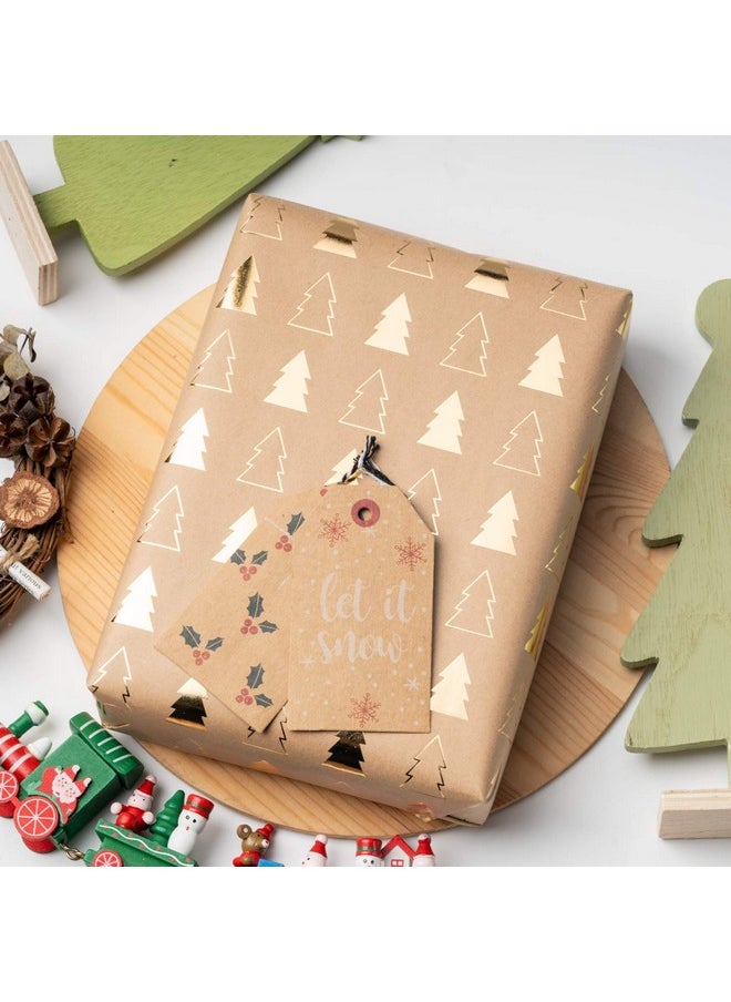 Wrapping Paper Sheets Kraft Paper - Christmas Tree And Reindeer Design Gold Foil - 17.5 X 30 Inches Each Sheet, Total Of 6 Sheets Packed In 1 Roll