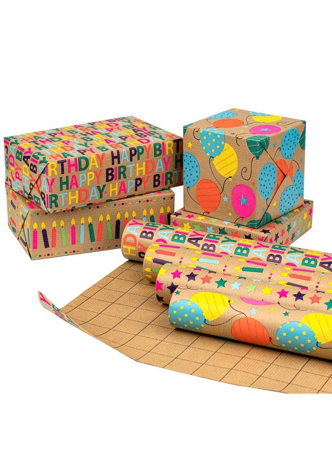 Kraft Birthday Wrapping Paper Rolls - Mini Roll - 17 Inches X 10 Feet Per Roll, Total Of 4 Rolls, Colorful Birthday