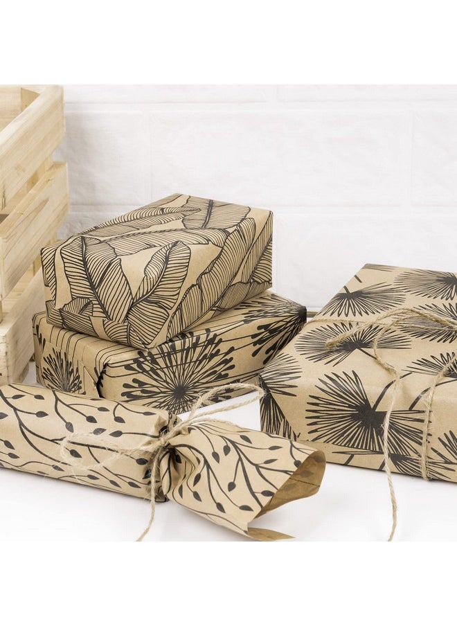 Wrapping Paper Kraft Paper - Plants All-Black Paint Design - 4 Rolls - 30 Inches X 10 Feet Per Roll